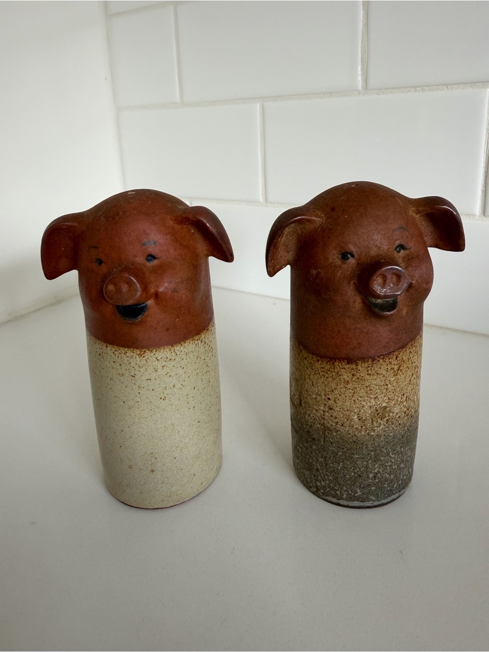 1970โs Japanese Handmade Ceramic Pig Salt and Pepper Shakers - Brown & Cream